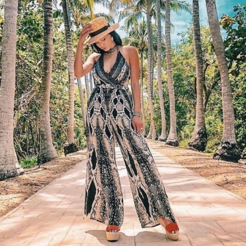 Shahida Parides Silk Jumpsuit Python Snake Animal Print Wide Leg Halter Size S M